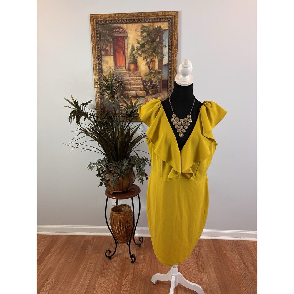 Symphony Women 1XL Yellow Sheath dress Ruffle Sleeveless Zipper Back Deep V-Neck